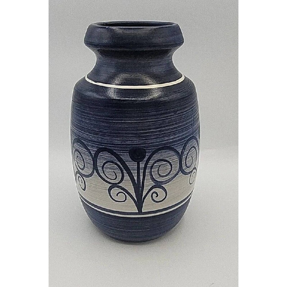 Beit Hayotzer Israel Vintage Ceramic Vase Blue White Scroll Studio Pottery
